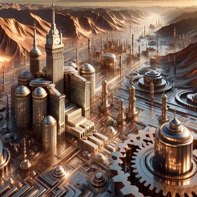 The primary subject of the image is a futuristic cityscape with a mix of modern and traditional architecture. The setting is a desert landscape, with a clock tower towering over the city. The visual style is a combination of digital art and illustration, creating a unique and intricate design. The colors and mood of the image are predominantly warm and earthy tones, with a sense of mystery and wonder.